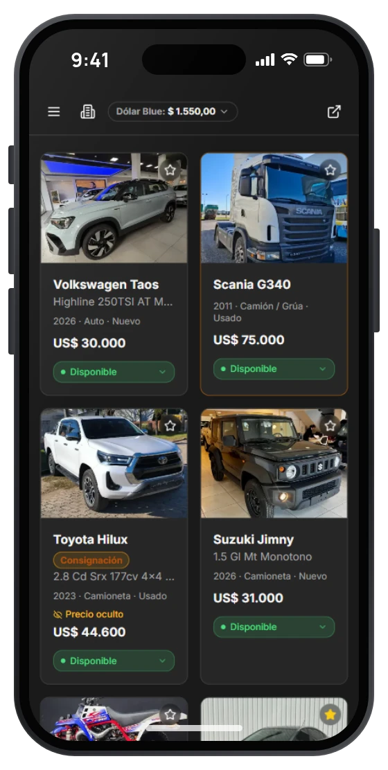 Panel de MOTORPAX en el celular